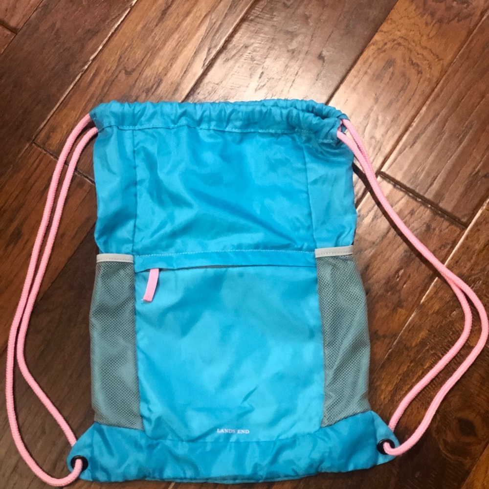 Lands End Drawstring Packable Bag PE Dance School Gym Pool Aqua Pink